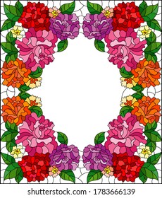 Illustration in a stained glass style with intertwined branches of bright roses isolated on a white background