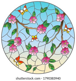 Illustration in stained glass style with intertwined branches of cherry blossoms and butterflies against the sky, round image