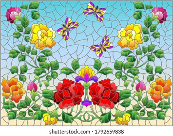 Illustration in stained glass style with intertwined roses and butterflies on a blue background, horizontal orientation