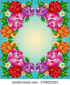 Illustration in a stained glass style with intertwined branches of bright roses isolated on a white background