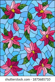 Illustration in stained glass style with intertwined abstract pink flowers on a blue background, rectangular image