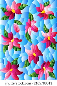 Illustration in stained glass style with intertwined abstract pink flowers on a blue background, rectangular image
