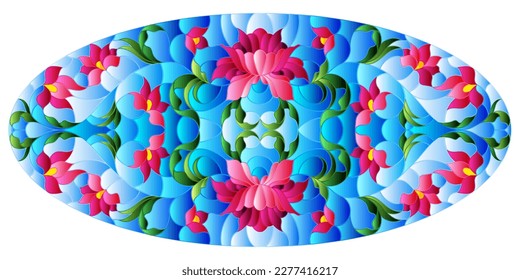 Illustration in stained glass style with intertwined pink flowers and leaves on blue background, horizontal orientation,oval image
