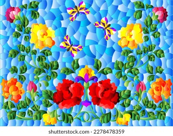 Illustration in stained glass style with intertwined roses and butterflies on a blue background, horizontal orientation