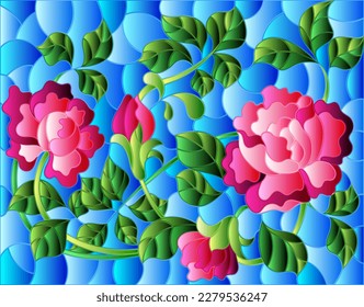 Illustration in stained glass style with intertwined pink roses on a blue background, horizontal orientation