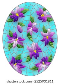 Illustration in stained glass style with intertwined abstract purple flowers on a blue background, oval image