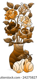 Illustration in a stained glass style with an isolated element, a bouquet of roses in a vase and fruit on a white background, tone brown