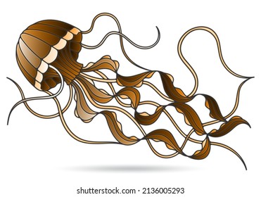 Illustration in stained glass style with jellyfish, isolated on a white background, tone brown