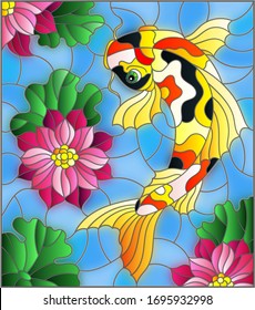 Illustration in stained glass style with a koi carp  on a background of pink lotuses and water