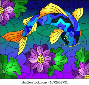 Illustration in stained glass style with a koi carp on a background of purple lotuses and water