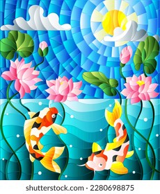 Illustration in stained glass style with koi fish and Lotus flowers on a background of the solar sky and water