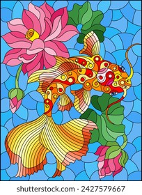 Illustration in stained glass style with a koi carp  on a background of pink lotuses and water