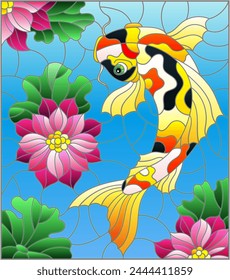 Illustration in stained glass style with a koi carp  on a background of pink lotuses and water