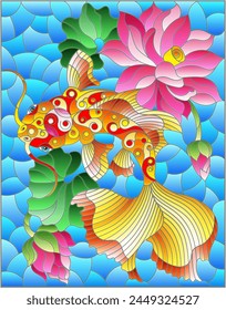 Illustration in stained glass style with a koi carp  on a background of pink lotuses and water