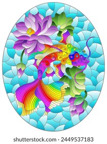 Illustration in stained glass style with a koi carp  on a background of pink lotuses and water