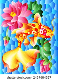 Illustration in stained glass style with a koi carp  on a background of pink lotuses and water