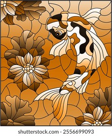 Illustration in stained glass style with a koi carp  on a background of pink lotuses and water, tone brown