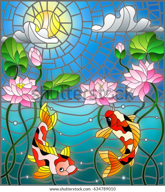 太陽の空と水の背景にコイ魚と蓮の花を使ったステンドグラス風のイラスト のベクター画像素材 ロイヤリティフリー