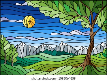 Illustration in stained glass style with landscape, green tree on mountain landscape and Sunny sky background