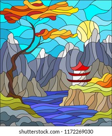 Illustration in stained glass style landscape Japanese house on sky background, mountains and rivers,autumn landscape