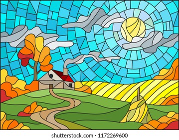 Illustration in stained glass style landscape with a lonely house amid field,sun and sky,autumn landscape