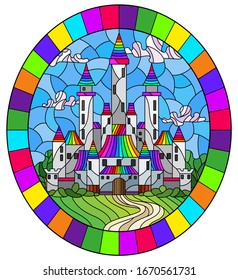 Illustration in stained glass style landscape with old castle on the background of cloudy sky and meadows, oval image in bright frame