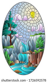 Illustration in stained glass style landscape ,the tree on the background of a waterfall, mountains, sun and sky, oval image