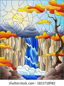 Illustration in stained glass style landscape ,the tree on the background of a waterfall, mountains, sun and sky,autumn landscape