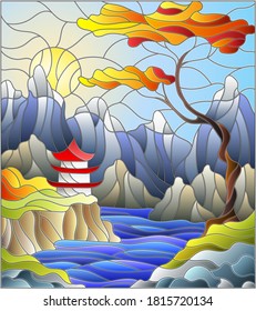 Illustration in stained glass style landscape Japanese house on sky background, mountains and rivers,autumn landscape