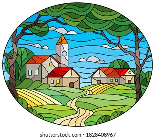 Illustration in stained glass style with landscape, rural city on the background of fields, trees and sky, oval image