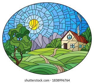 Illustration in stained glass style landscape with a lonely house amid field,sun and sky, oval image