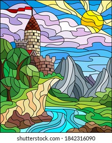 Illustration in the stained glass style with a landscape, an old castle on the background of the river and the sky, rectangular image