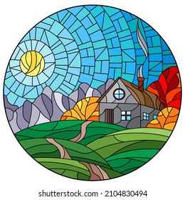 Illustration in stained glass style landscape with a lonely house amid field,sun and sky, oval image