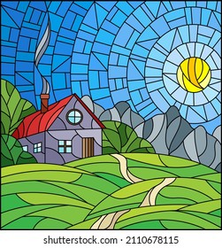 Illustration in stained glass style landscape with a lonely house amid field,sun and sky