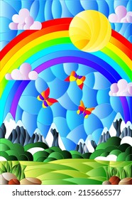 Illustration in stained glass style with landscape, meadows against a Sunny sky and a rainbow