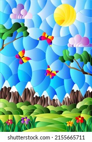 Illustration in stained glass style with landscape, meadows against a Sunny sky and a mountains