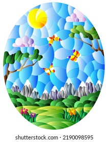 Illustration in stained glass style with landscape, meadows against a Sunny sky and a mountains, oval image