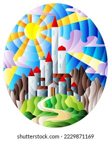 Illustration in stained glass style landscape with old castle on the background of sky, sun and mountains, oval image 