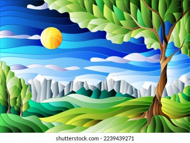 Illustration in stained glass style with landscape, green tree on mountain landscape and Sunny sky background