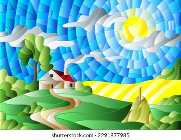 Illustration in stained glass style landscape with a lonely house amid field,sun and sky