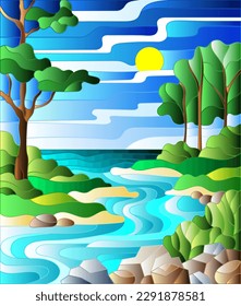 Illustration in stained glass style landscape, meandering river on the background of the green banks of trees on a background sky and sun