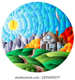Illustration in stained glass style landscape with a lonely house amid field,sun and sky, oval image