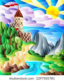 Illustration in the stained glass style with a landscape, an old castle on the background of the river and the sky, rectangular image