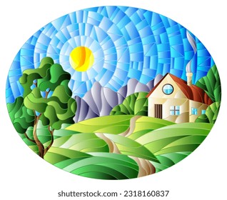 Illustration in stained glass style landscape with a lonely house amid field,sun and sky, oval image