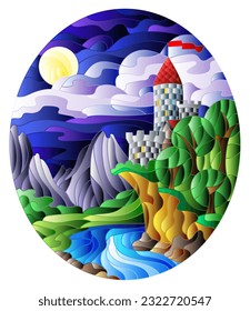 Ilustración en el estilo de vidrieras con un paisaje, un viejo castillo en el fondo del río y el cielo nocturno con la luna, imagen oval