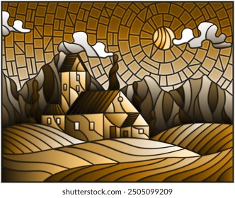 Illustration in stained glass style landscape with a lonely house amid lavender fields, mountains and sky, tone brown