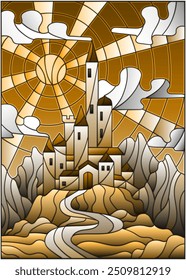 Illustration in stained glass style landscape with old castle on the background of sky, sun and mountains, tone brown