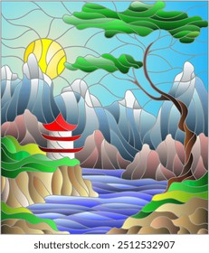 Illustration in stained glass style landscape Japanese house on sky background, mountains and rivers