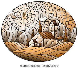 Illustration in stained glass style landscape with a lonely house amid field,sun and sky, tone brown