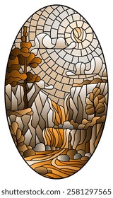 Illustration in stained glass style landscape ,the tree on the background of a waterfall, mountains, sun and sky, oval image, tone brown